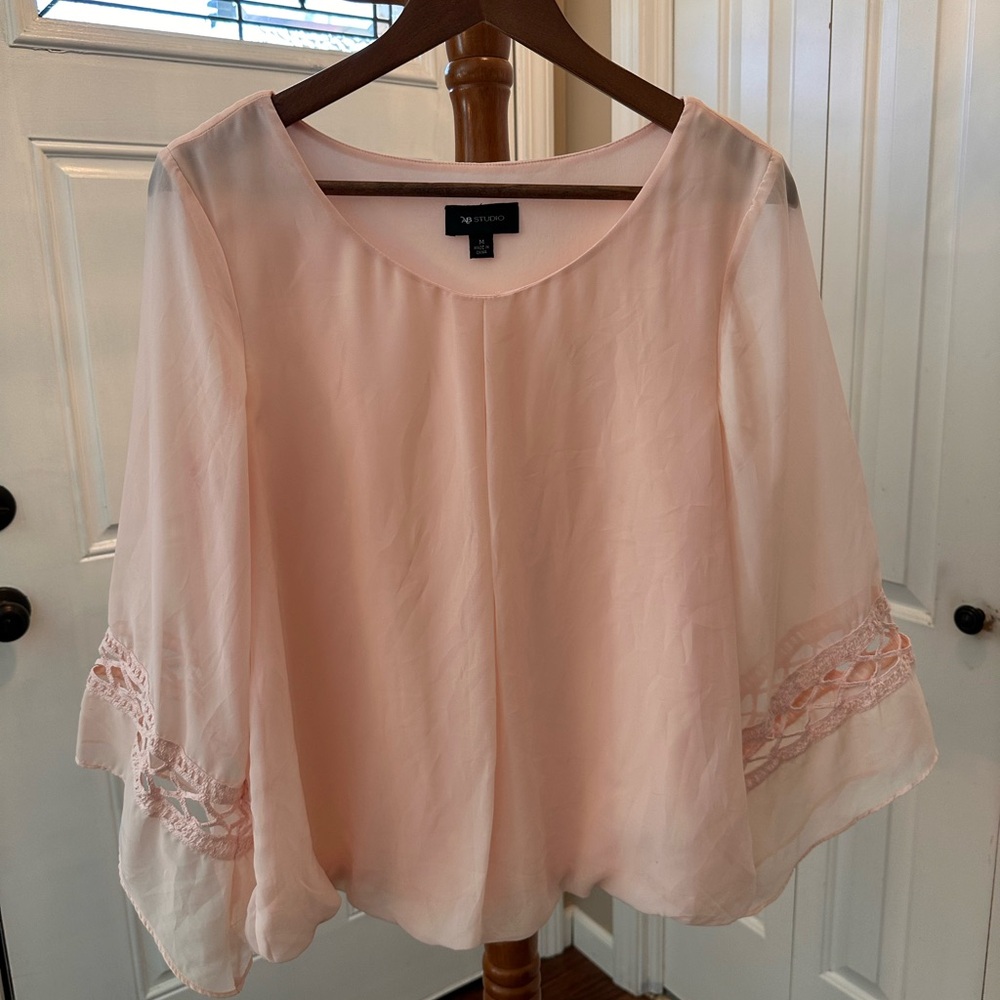 AB Studio Soft Pink Blouse with Lace Details Bell Flutter Sleeves Bubble Hem